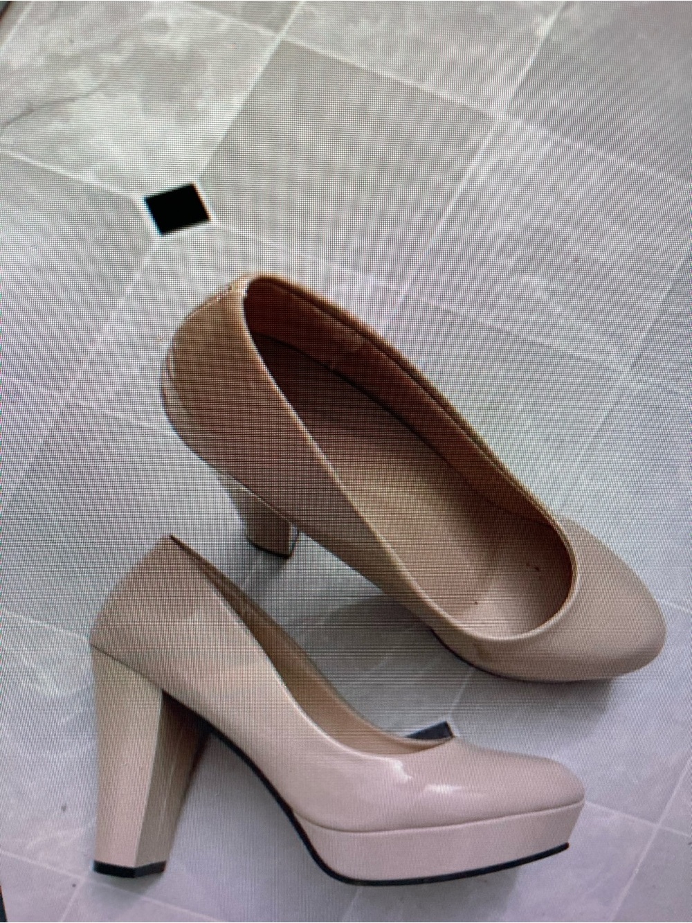 Nude Patent Platform Block Heel Pumps for Women